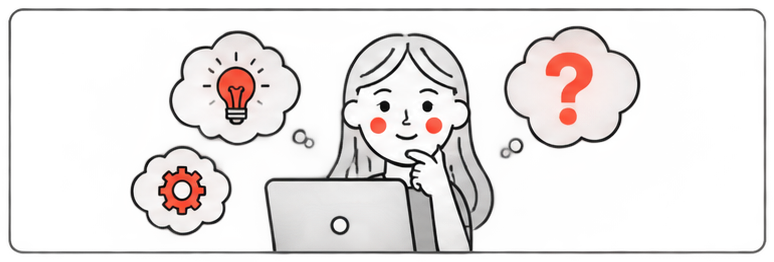 Illustration : une femme pensive devant son ordinateur, avec une ampoule, un engrenage et un point d’interrogation